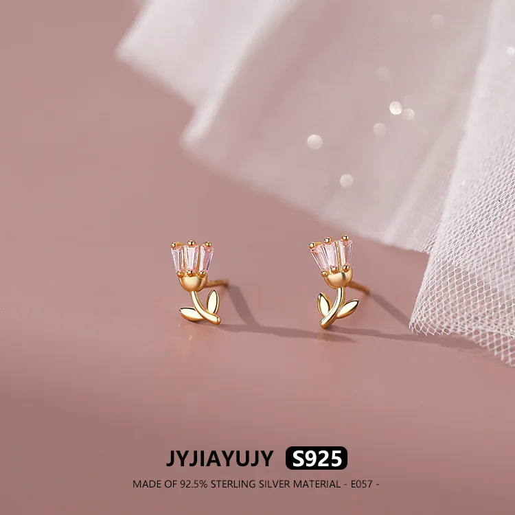 JYJIAYUJY 100% Sterling Silver S925 Earrings 10mm Rose Flower Zircon High Quality Fashion Hypoallergenic Jewelry Gift Daily E057