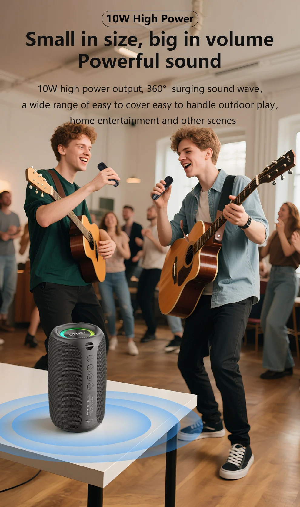 ZEALOT-M2 Bluetooth-Lautsprecher 10W mit verstärktem Bass, tragbarer Outdoor-Wireless-Lautsprecher, wasserdichter Lautsprecher, Bluetooth 5.4 mit 2 Mikrofonen – Detail 9