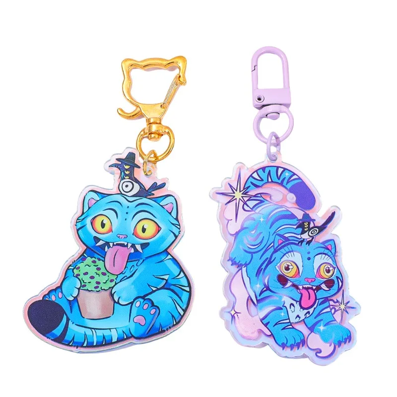 New Style Pop KPop Demon Hunters Little Tiger Color Changing Acrylic Keychain Pendant Blue Cat Surrounding Cute Bag Pendant