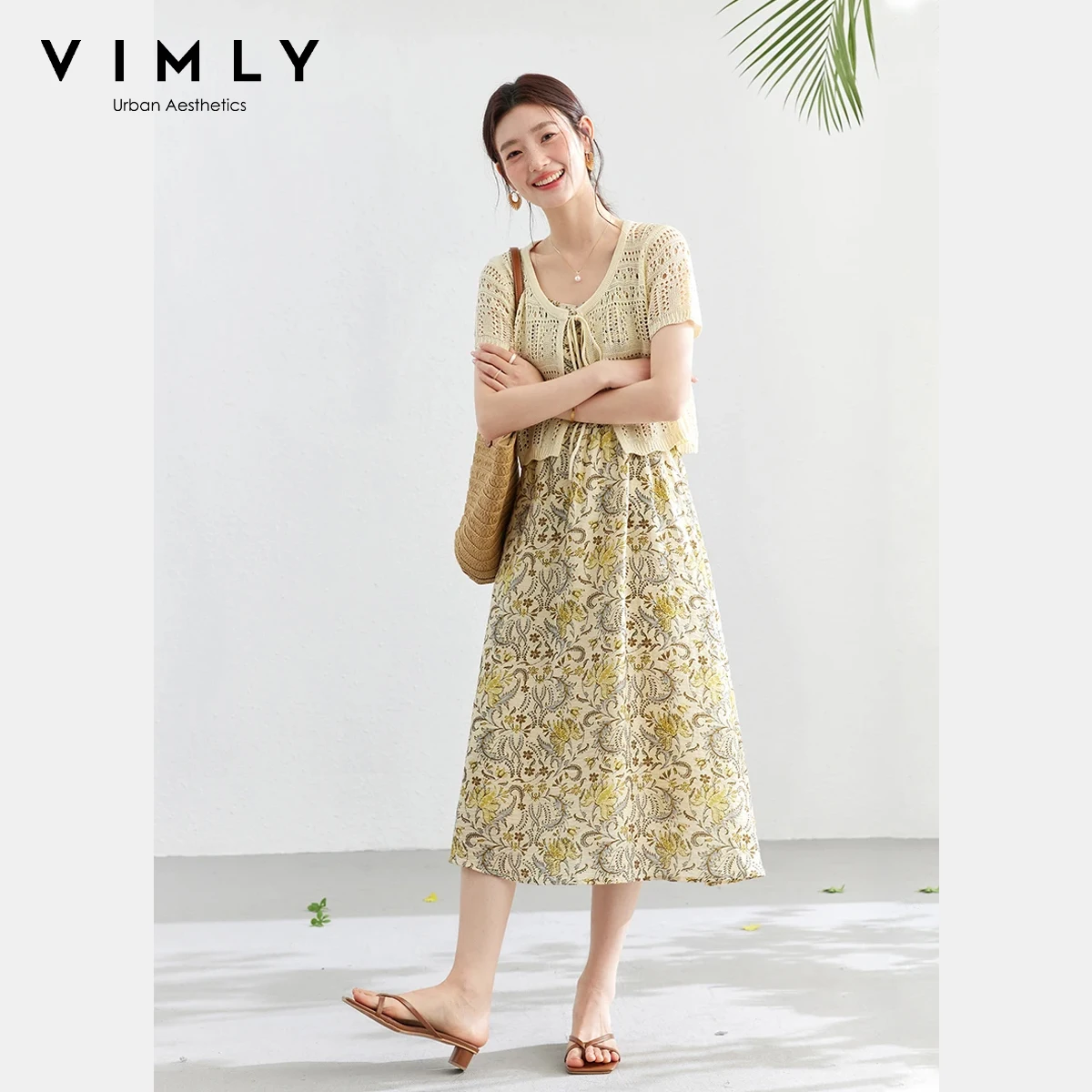 

Женский повседневный комплект VIMLY для отпуска, лето 2026, новинка: кардиган с вырезами и завязками, платье-комбинация с цветочным принтом, комплект из двух предметов A6088