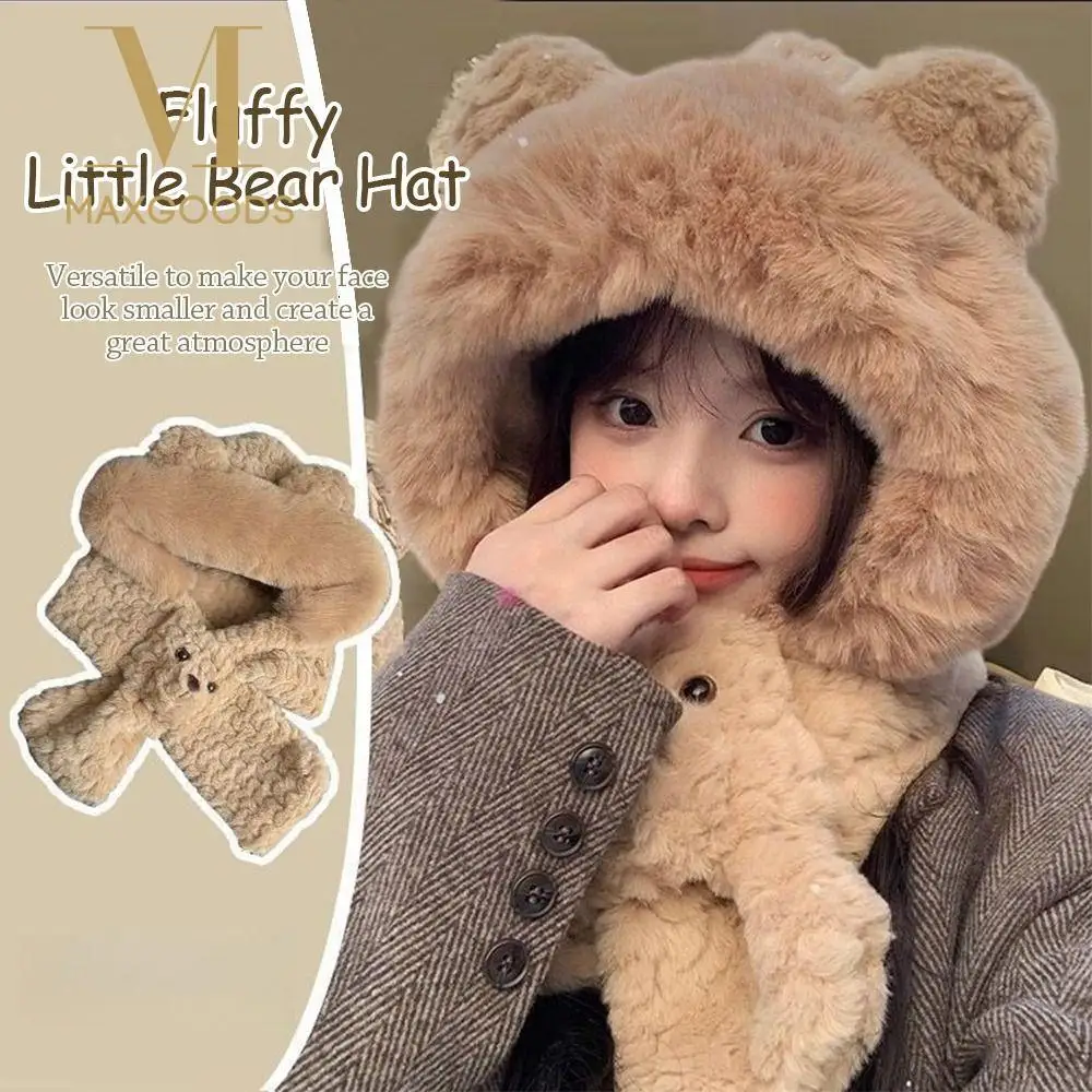 Fashion Plush Winter Integrated Cap Scarf Windproof Thickened Ear Protection Hat Warm Soft Neck Warmer Outdoor