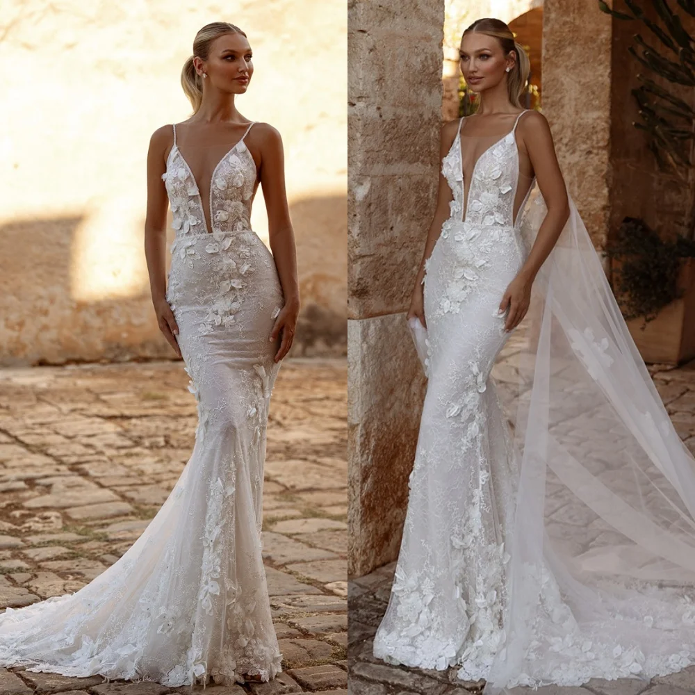 Vestido De Novia De Organza blanco romántico personalizado, Vestido De Novia Sexy con cuello en V y tirantes finos, vestidos De Novia clásicos con cordones en la espalda