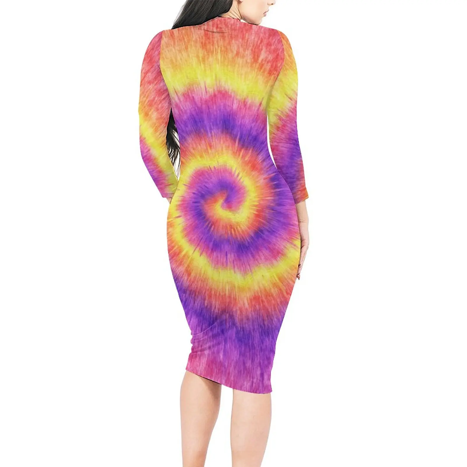 Tie Dye Swirl Dress Long Sleeve Retro Pink Lilac Yellow Street Wear Dresses Autumn Bodycon Dress Female Custom Big Size Vestidos