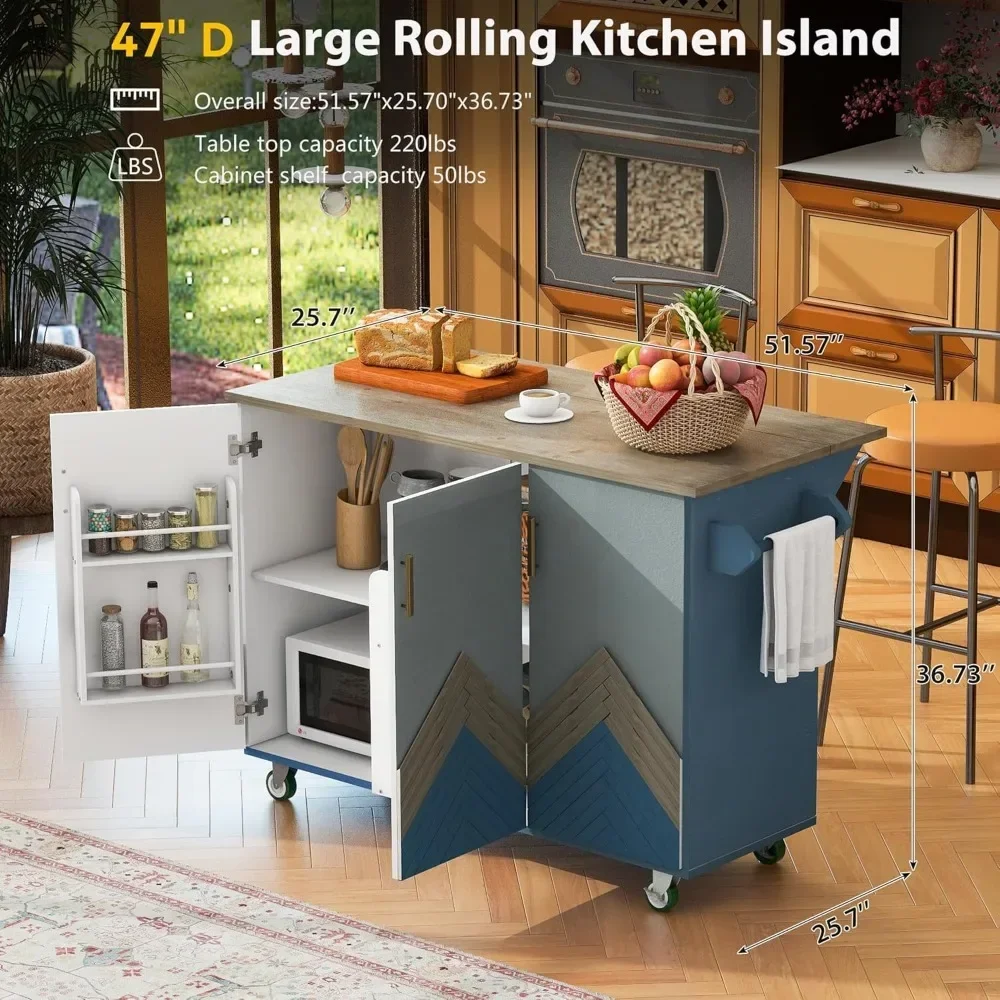 Rolling Kitchen Island Cart with Folding Drop Leaf, Internal Storage Large Storage Cabinet, Portable Farmhouse Kitchen Islands