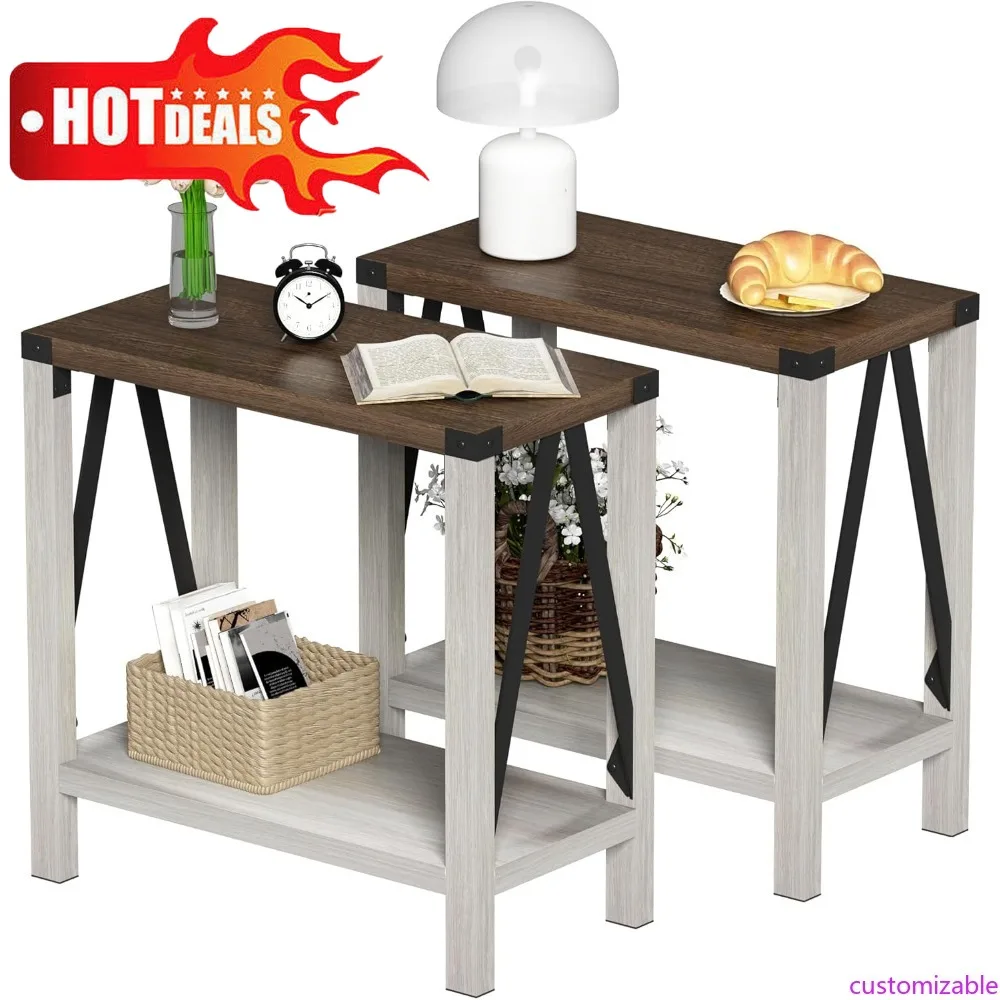 

Customizable-Farmhouse End Table Set Of 2, Narrow Side End Table With Storage Shelf, Rustic A-Design Nightstand Sofa Table For L