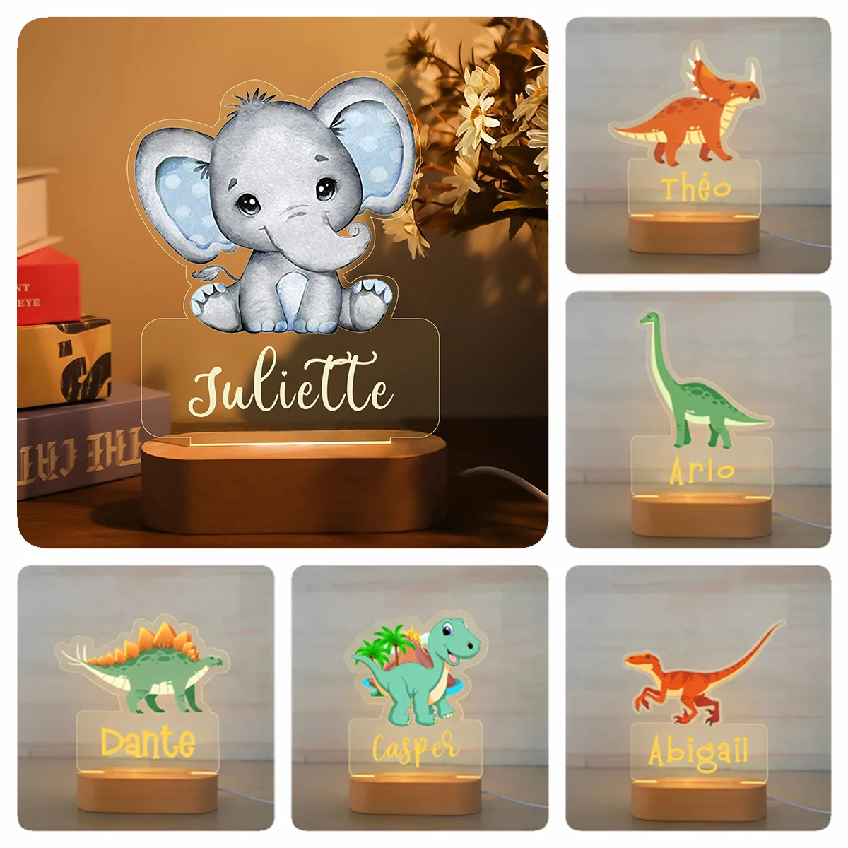 Custom Name Dinosaur LED USB Night Light Personalized Cartoon Acrylic Lamp for Baby Boys Kids Children Home Decoration