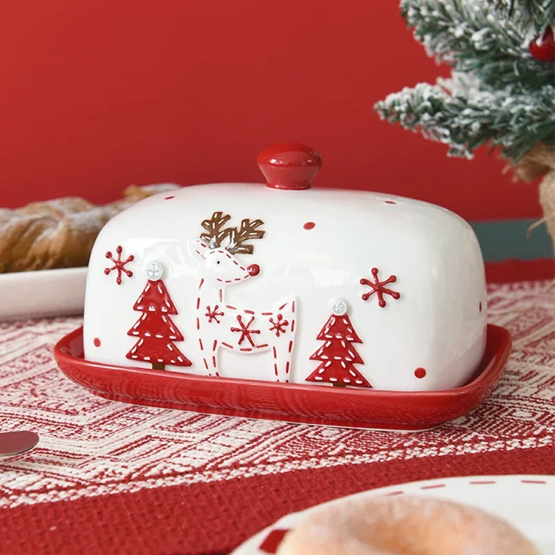 Ceramic Butter Dish Nordic Santa Claus Elk Cakes Sweets Desserts Plate Butter Plates Cheese Tray Tableware Christmas Food Tray