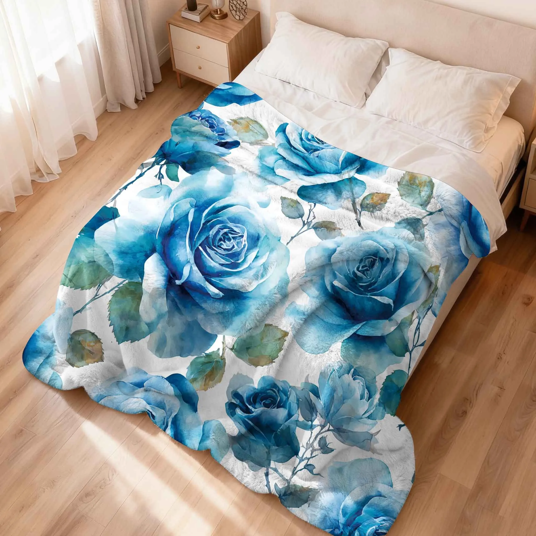 1pc Flannel Blanket, 2D Printed Throw with Blue Rose Floral Design, Perfect for Camping, Birthday Or Holiday Gifts, Versatile fo