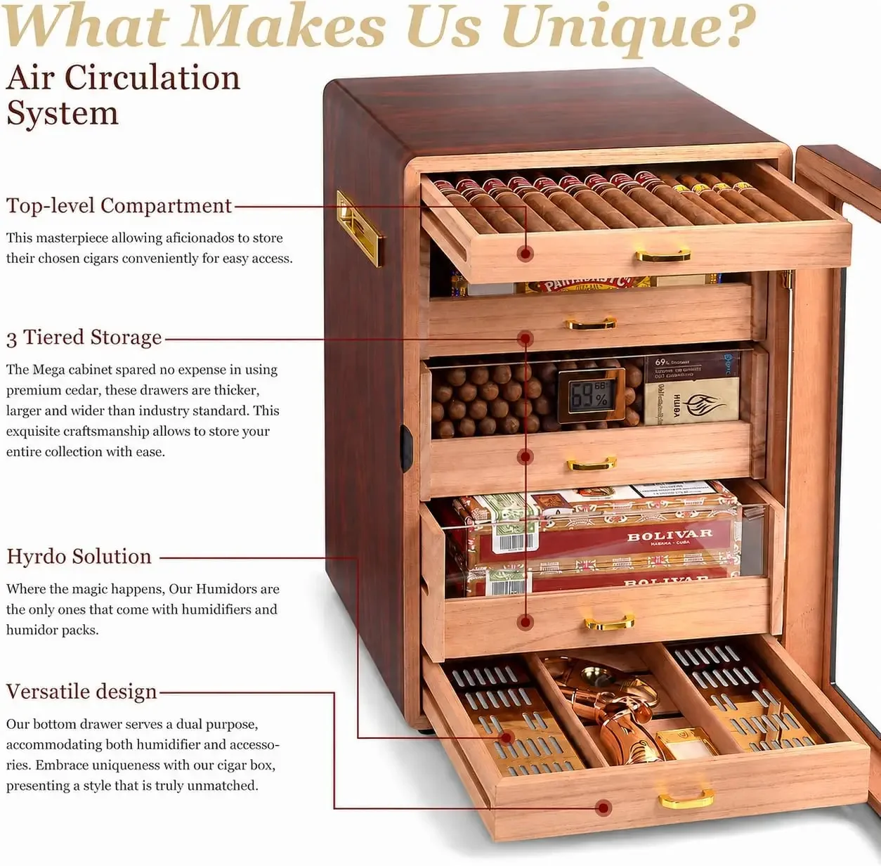 300-Count Walnut Cigar Humidor Cabinet with Digital Hygrometer | Walnut finish, cedar drawers, digital hygrometer, humidifiers