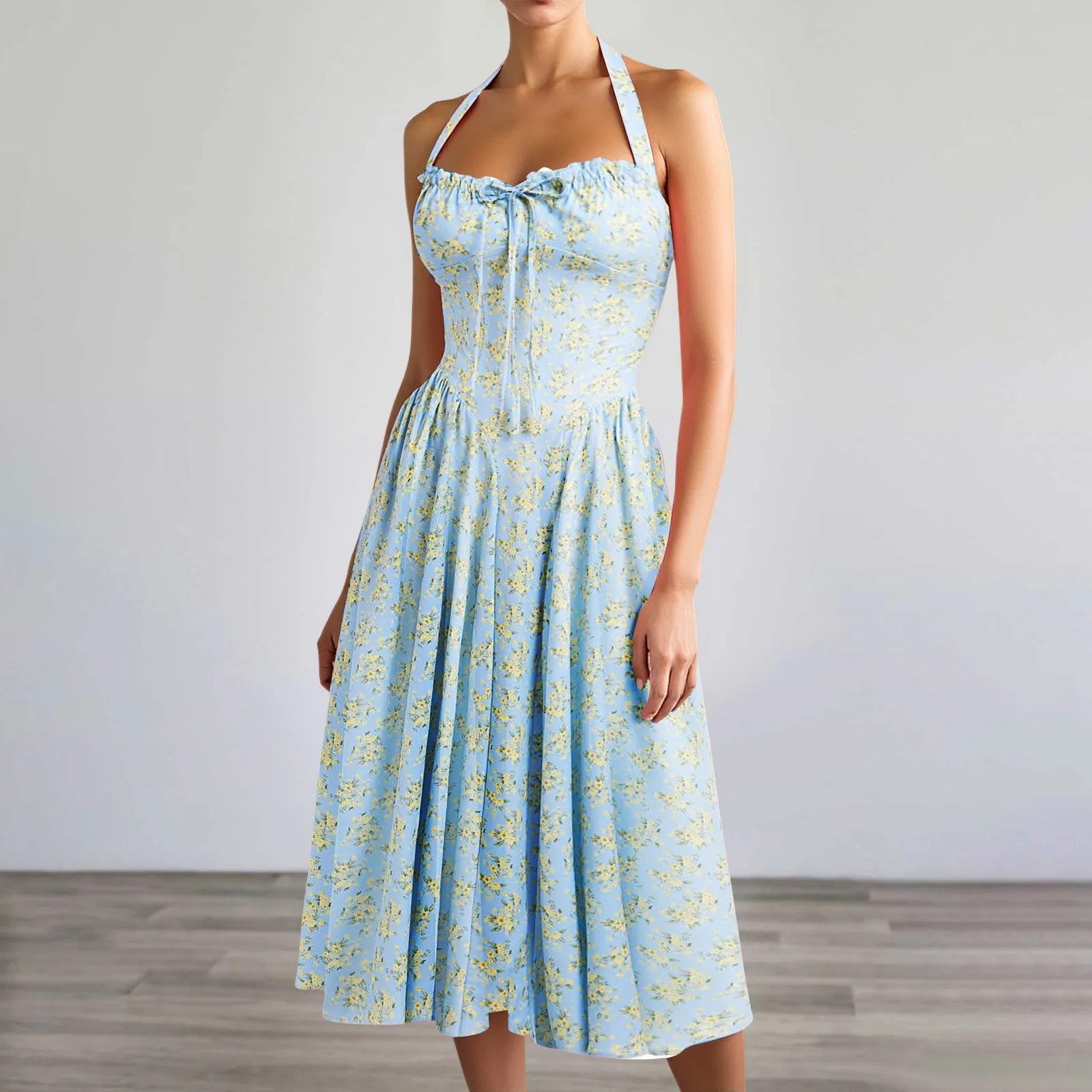 

Flower Print Halter Neck Dresses Women Fashion Sexy Folds Lace Patchwork Low Cut Leace-Up Backless Dress Female Summer Vestidos