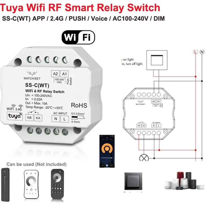[B17B!】 Push Switch Smart Switch 100-240VAC 1Chx15a RF/Zigbee/Wifi Tuya App 2.4G Remote Control SS-L(WZ) SS-L(WT) SS-L