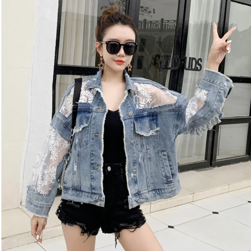 #3102 Spring Spliced Lace Short Jeans Jackets Women\'s Coat Loose Perspective Denim Jacket Women Long Sleeves Sexy Hollow Out