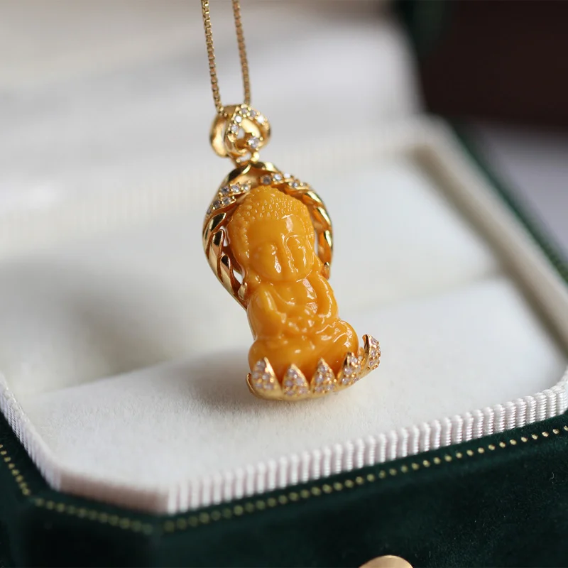 natural-beeswax-pendant-s925-silver-inlaid-chicken-fat-yellow-small-buddha-old-wax-necklace