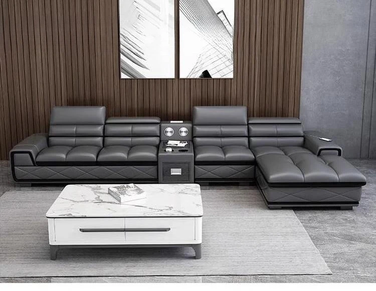 

Modern Genuine Leather Sectional Sofa Sets Couch Sofas with USB Charging and Bluetooth Speaker - MINGDIBAO Living Room Furniture