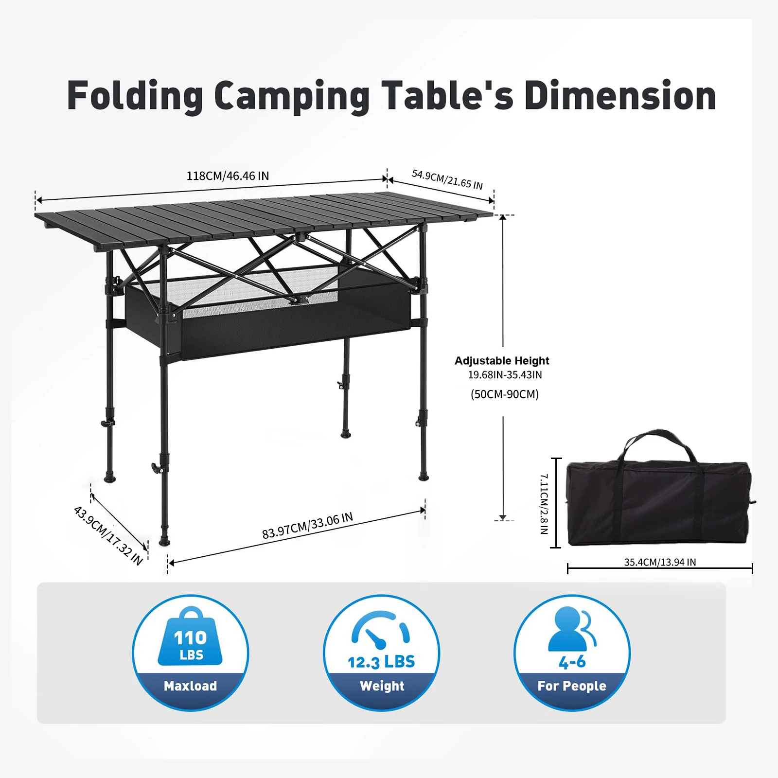 Table de camping portable en aluminium avec rangement sous la table, évaluation pour les activités de plein air, les pique-niques, les barbecues, les fêtes