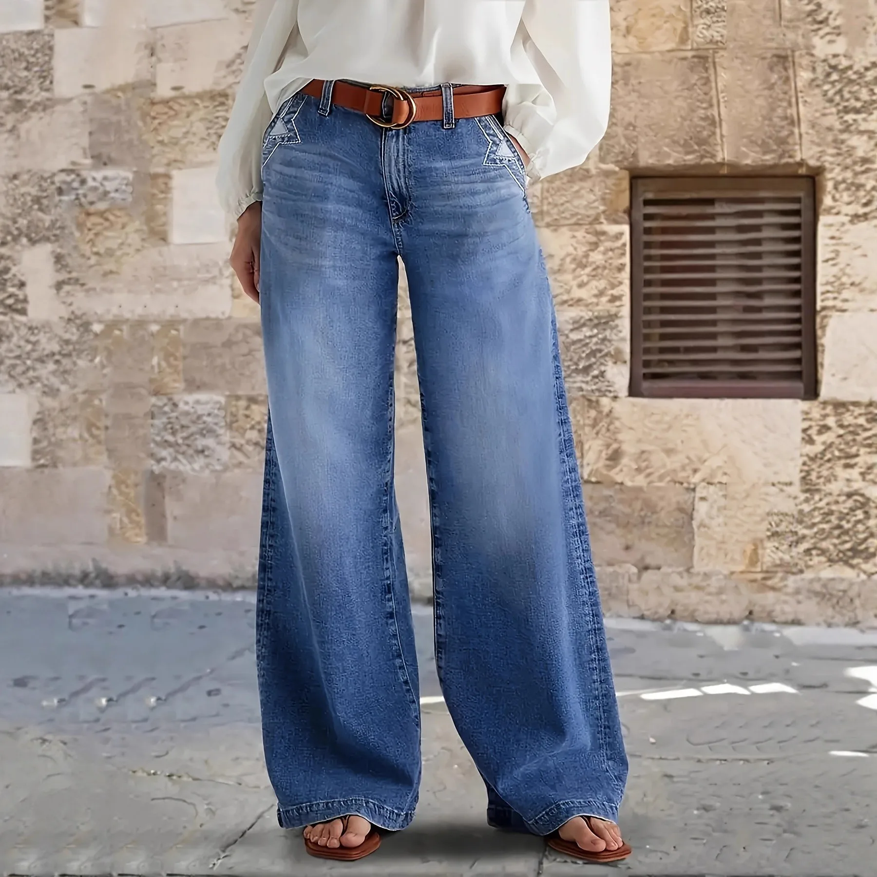 

Casual Women Baggy Jeans Flared Blue Denim Pants Mid Waist Wide Leg Denim Trousers Button Fly Faded Wash Full Length Jeans Pants