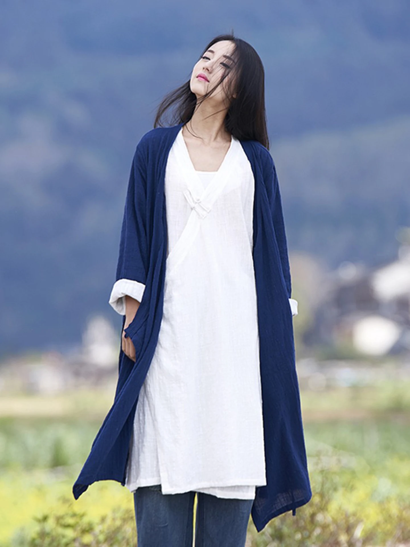 Chic Cotton Linen Zen Style Buddhist Women's Outerwear Li Zhiqiang Retro Style Mid-Length Open Cardigan Hanfu Jacket