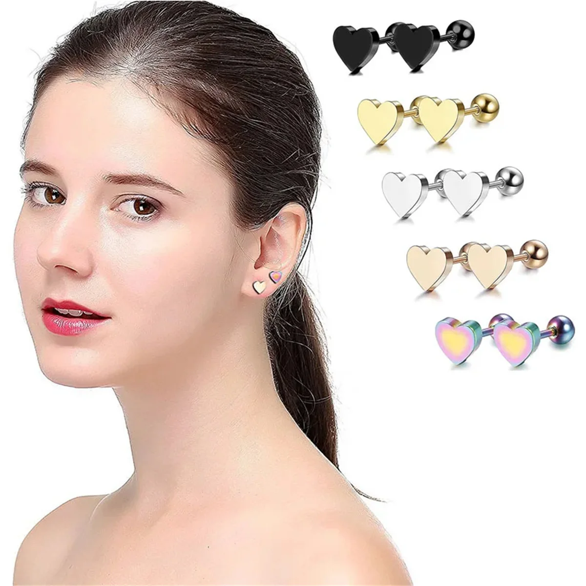 EVISPOL 1-5Pairs Cute Fashion 16G Love Heart Stud Earrings for Women Screw Back Cartilage Tragus Conch Helix Piercing Jewelry
