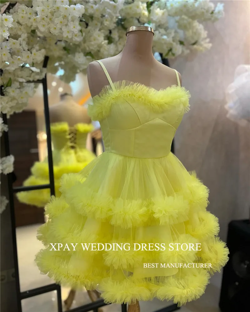 XPAY-vestido de fiesta de baile para niñas, traje de lujo amarillo claro, corto, volantes, escalonados, hasta la rodilla, vestido de cóctel, vestido de regreso a casa