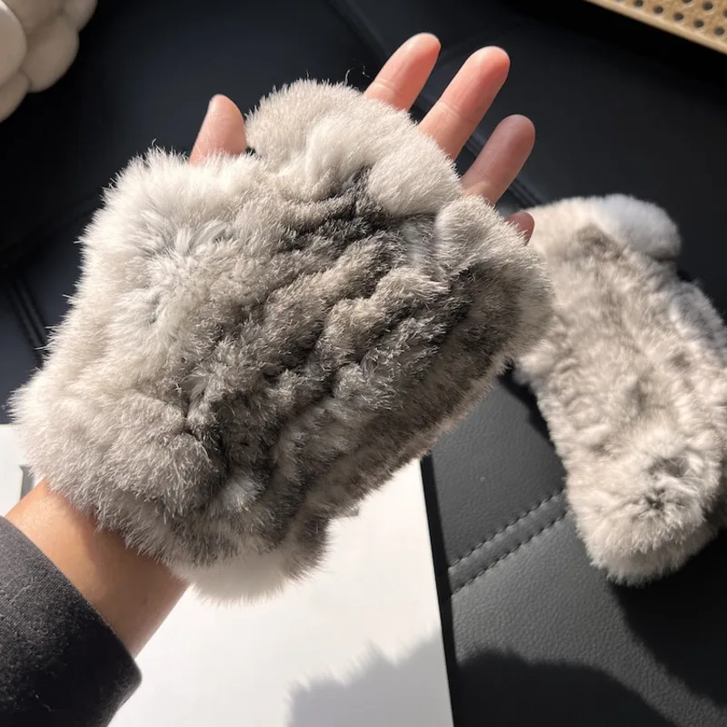 ถุงมือขนกระต่ายเร็กซ์แท้แบบครึ่งนิ้วสำหรับผู้หญิง ฤดูหนาว น่ารัก อุ่น หนา รองรับหน้าจอสัมผัส ถุงมือถักแบบยืดหยุ่น