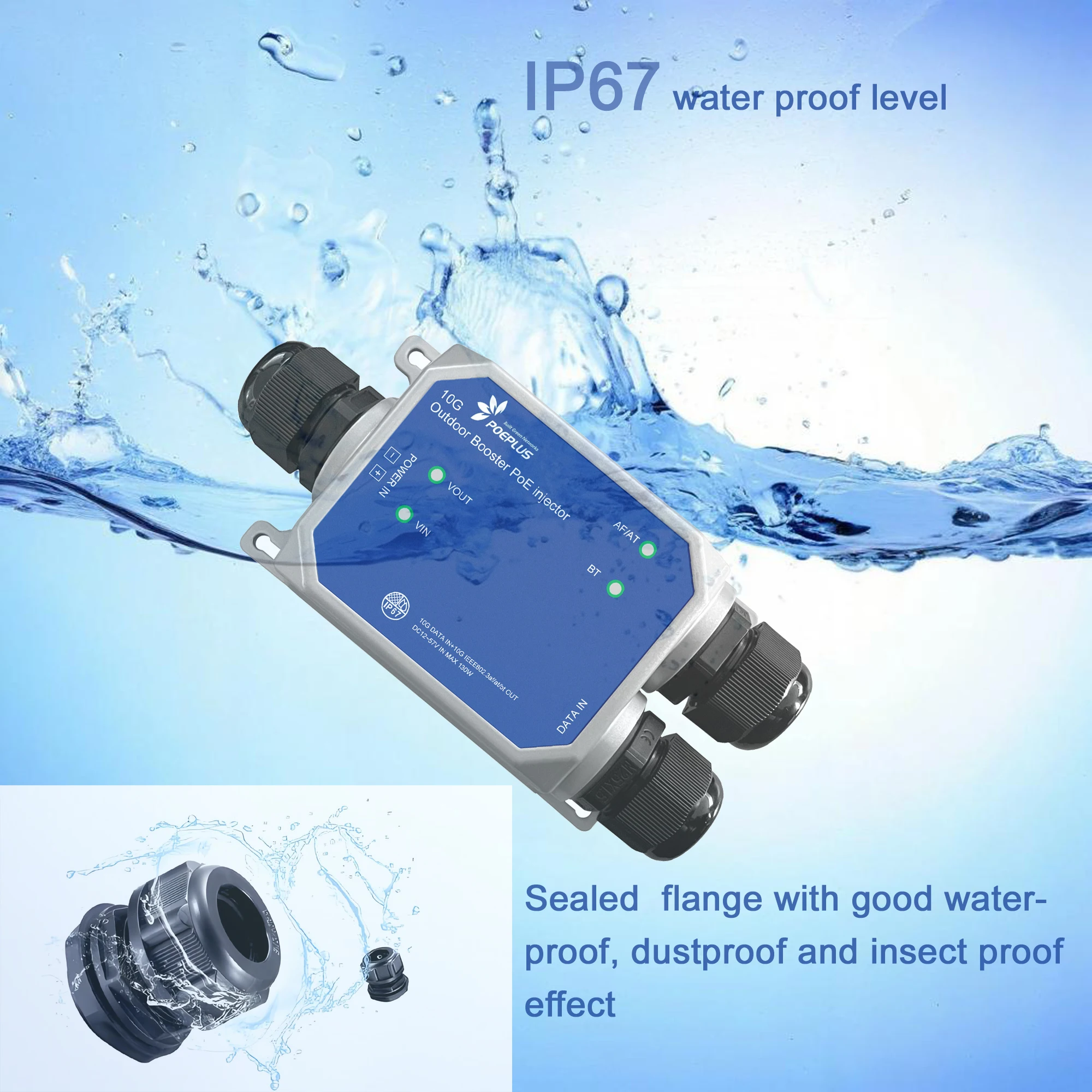 10G Outdoor POE Injector 90W |30W/320W optional|IP67 Waterproof|48-57Vdc or 12-57Vdc in|802.3 AT/AF/BT