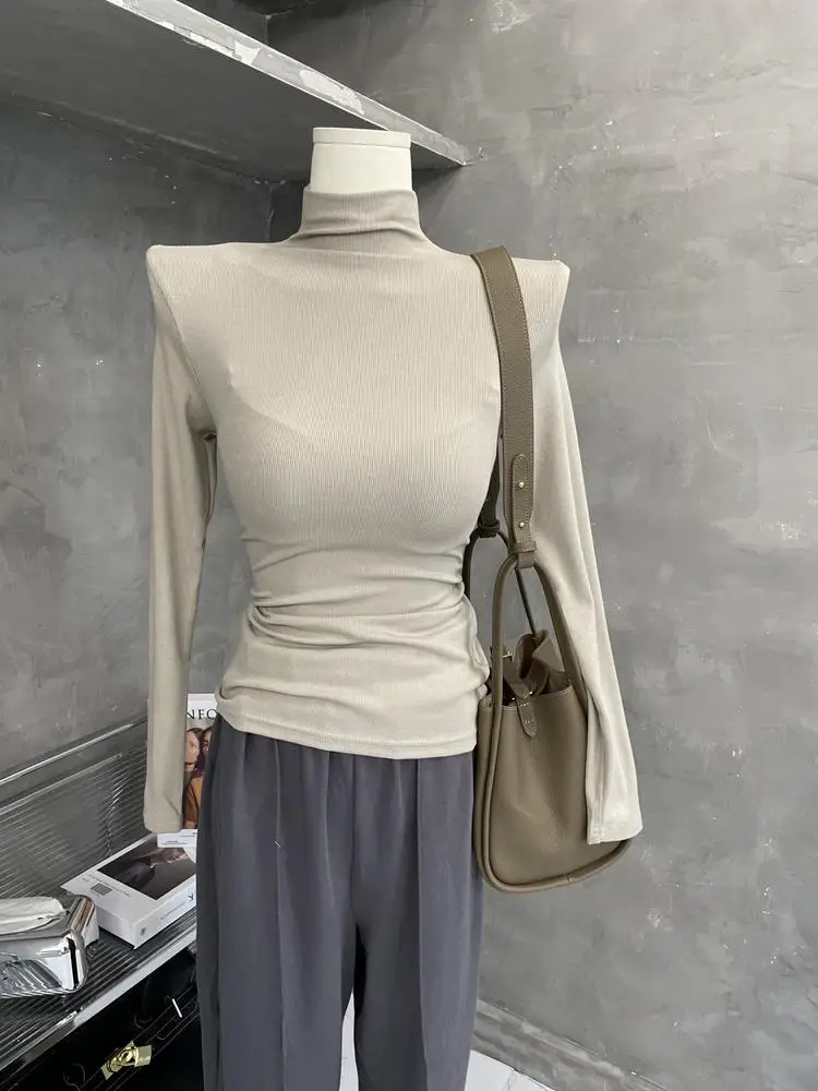Slim Fit Long Sleeve T-Shirt Women's Korean Style Half High Collar Ribbed Base Layer Top Cream Color Autumn Winter Fashion
