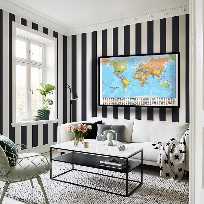 Gambar Poster besar peta dunia dalam bahasa Inggris Dekor dinding lukisan kanvas non-tenun perlengkapan rumah sekolah 225*150cm