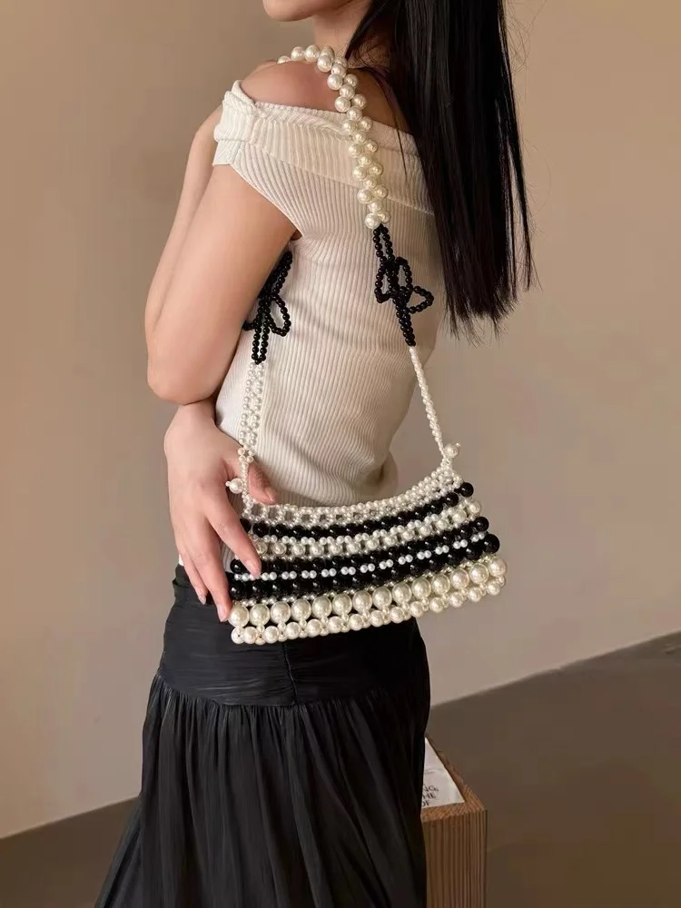 Shiny Beads Beading Woven Handmade Shoulder Bag Women Fashion Handbag Lady Purse Underarm Bag Female Casual Bag Crossbody Bag