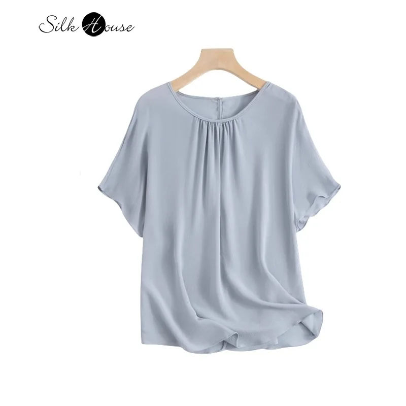 

2024 Women's Summer Casual New 100% Natural Mulberry Silk Ghost Crepe Simple Blue Grey Round Neck Loose and Versatile T-shirt