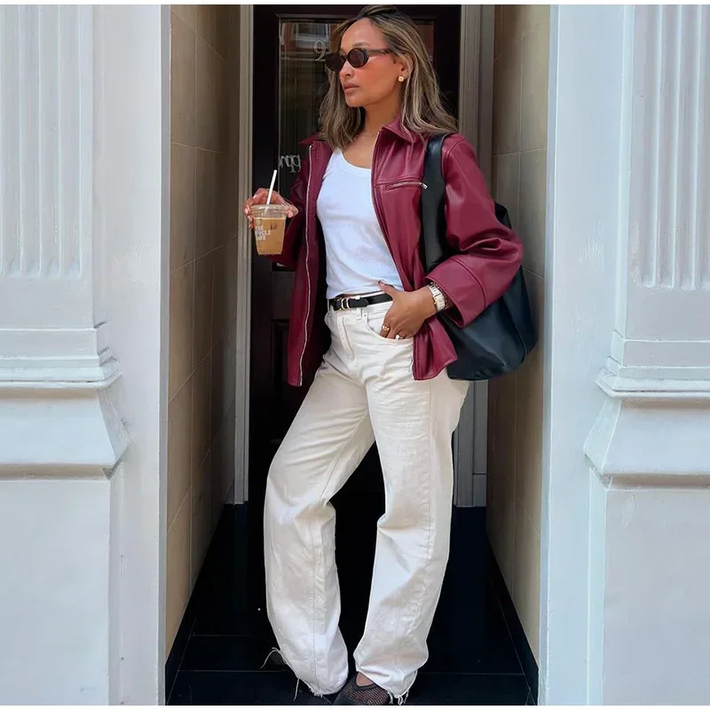 レディースファッション ラペルジッパー 長袖 女性用コート レディース ストリート アウター バーガンディ レザー ジャケット