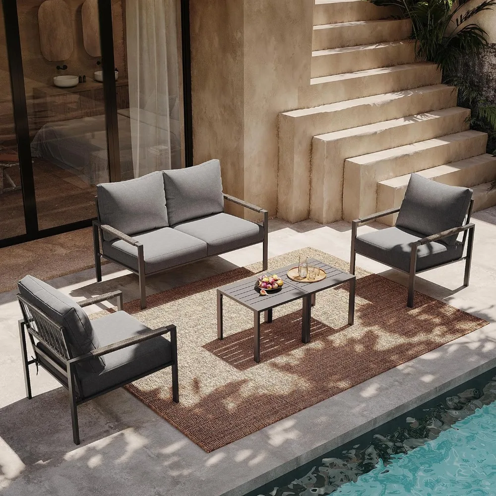 

Metal Patio Furniture Set, 5-Piece Modern Patio Set with Sofa and Coffee Tables, Outdoor Furniture Set for Garden, Backyard, Bal