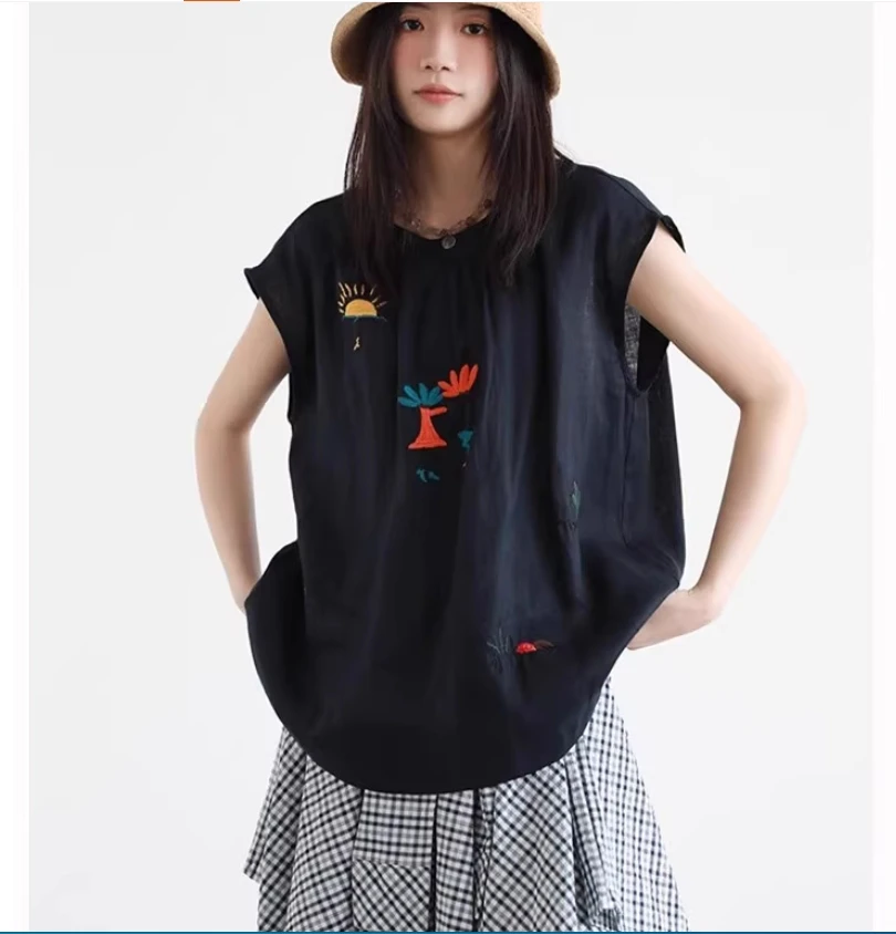 

Льняной жилет с вышивкой для тяжелой промышленности, новая женская супер красивая маленькая рубашка без рукавов, женский топ с летающими рукавами