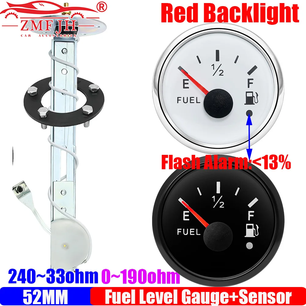 ZMFJH RED Backlight 240-33ohm,0-190ohm 52MM Fuel Level Gauge with Flashing Alarm Oil Float Sensor for Car Boat Yacht Waterproof
