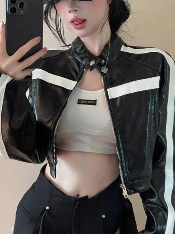 Retro American Short Leather Jacket Women's Slimming Fashion Design Spring Autumn Splice Hot Girl Personality Style Top