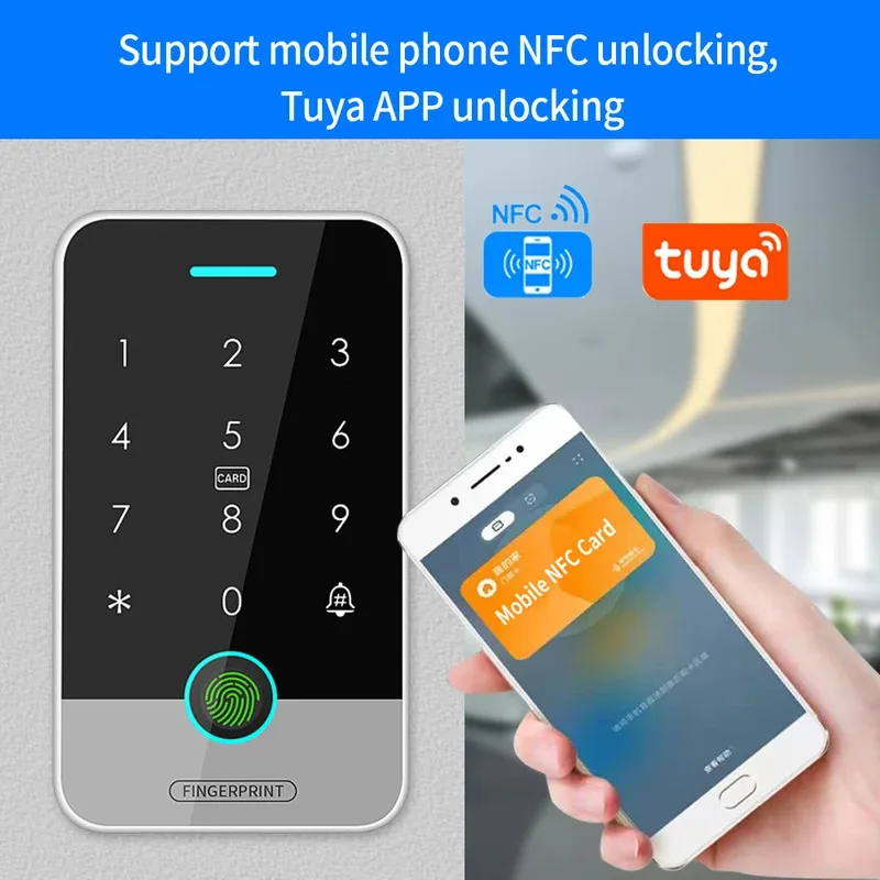 

NFC Tuya Водонепроницаемый контроль доступа по отпечаткам пальцев Клавиатура по отпечаткам пальцев 125K RFID 13,56M IC WG26 Считыватель карт Автономная система доступа