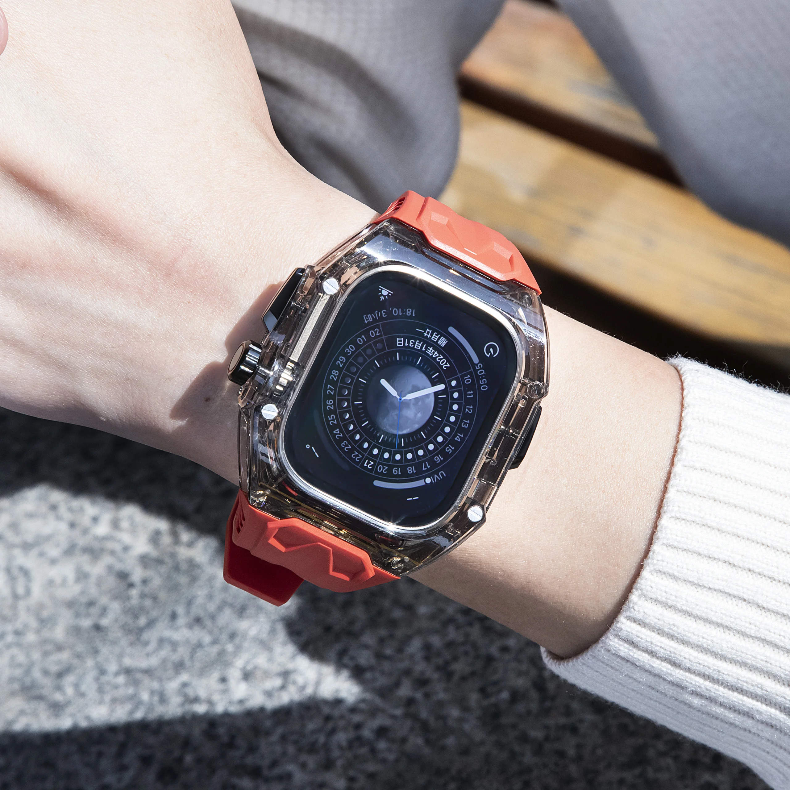 طقم تعديل حافظة واقية شفافة + حزام من البولي يوريثان لساعة أبل الترا 9 الفرقة لساعة iWatch Series9 8 7 6 5 4 SE 45 44 مللي متر 49 مللي متر