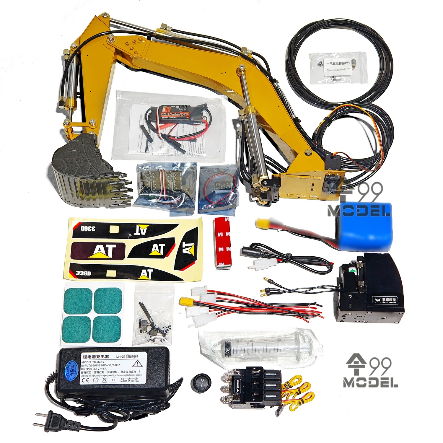 HUINA 1580 Excavator Hydraulic Retrofit Kit with Metal Boom and Three-Way Valve Hydraulic Pump Compatible with 580 Excavator
