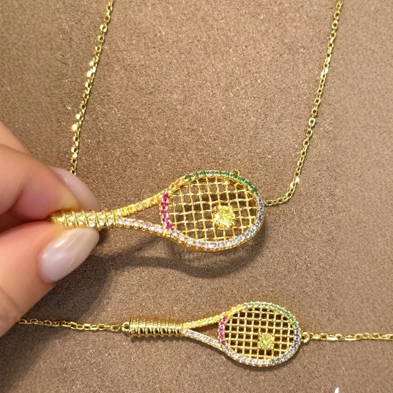 Cameo S925 sterling silver dopamine colored rainbow zircon tennis racket necklace bracelet set sporty style unique jewelry