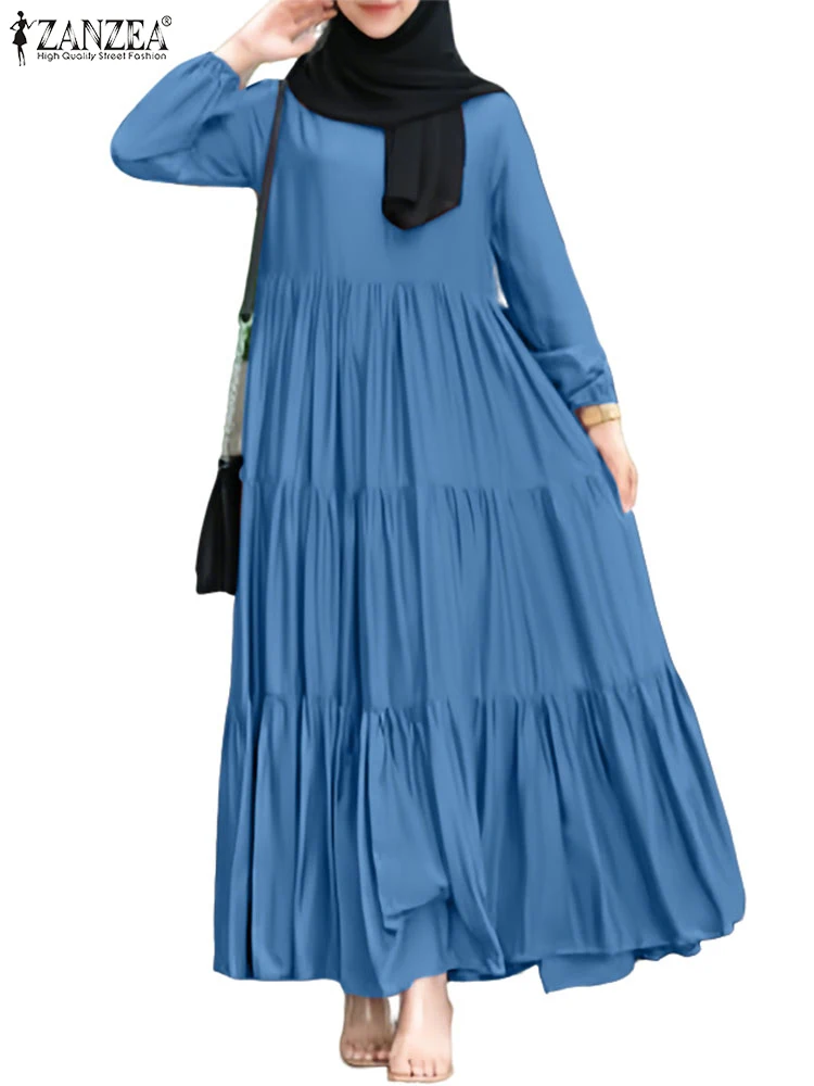 

ZANZEA Muslim Tiered Eid Vestidos Woman Long Sleeve Loose Fashion Abaya Maxi Dresses Islamic Hijab O-Neck A-line Robes Femme