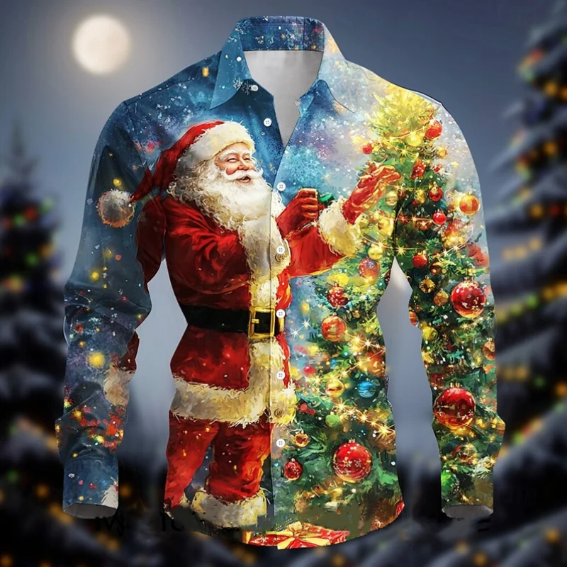 New Year Santa Claus Casual Men's Button Shirts Long Sleeve Party Evening Daily Autumn Winter Spring Summer Lapels Clothing Tops