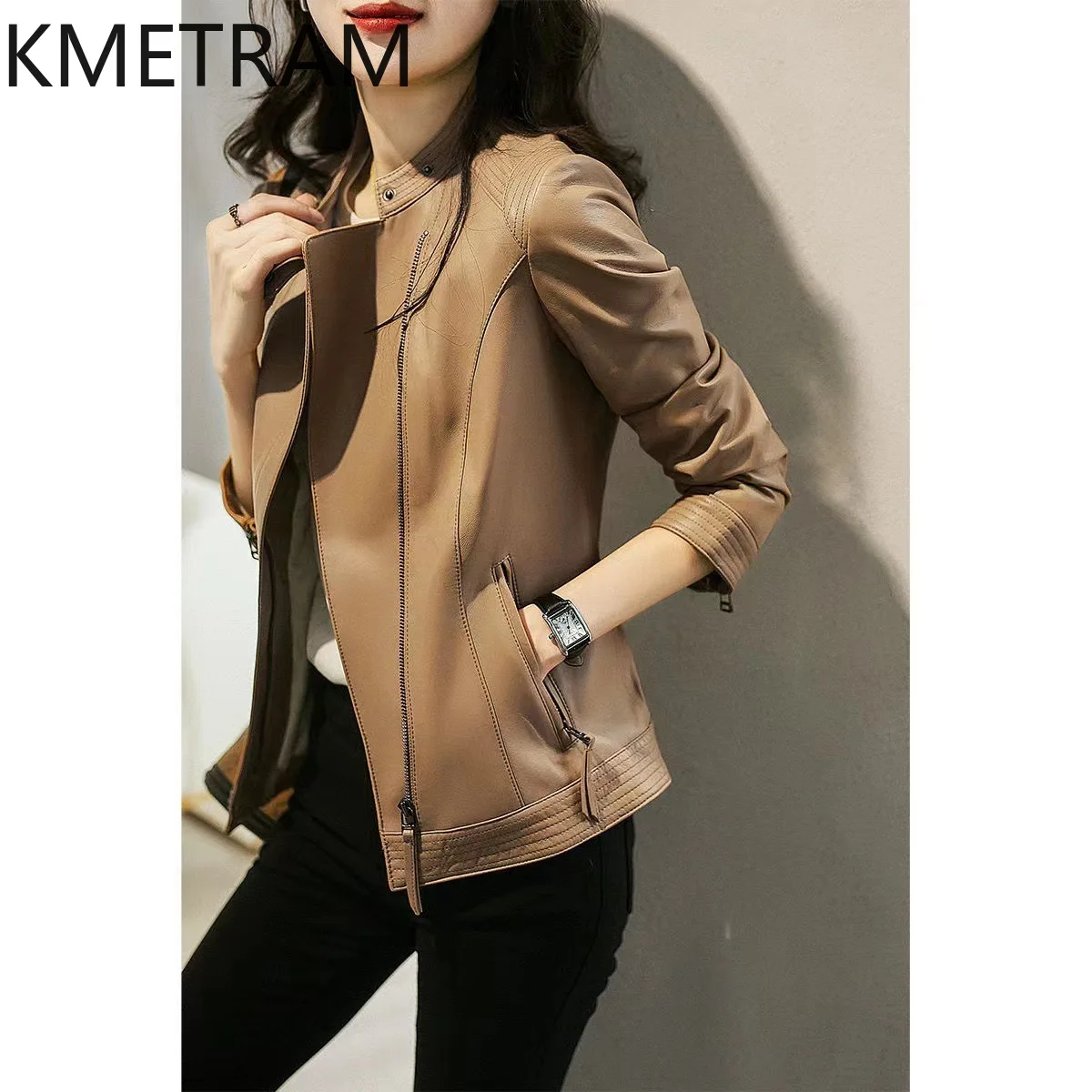 KMETRAM Real Sheepskin Leather Jacket Woman Short Slim Coat Stand Collar Genuine Leather Jackets Autumn Women Clothing 2026 가죽자켓