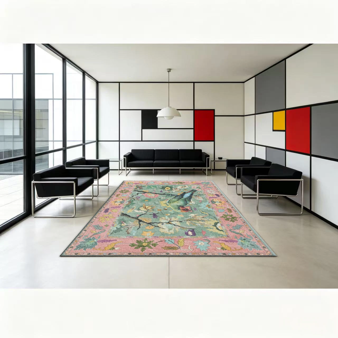 Vintage Floral Bird Pattern Art Carpet Pink Green Bohemian Style Living Room Decorative Floor Carpet