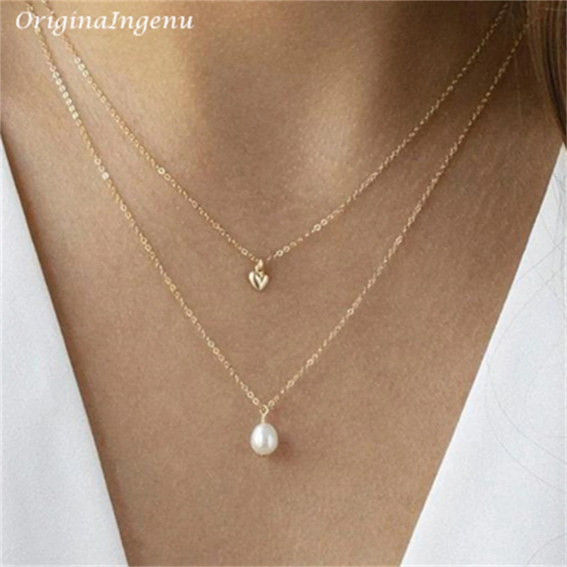 14K Gold Filled Pearl Necklace Handmade Jewelry Choker Pendants Collier Femme Kolye Collares Boho Heart Necklace for Women