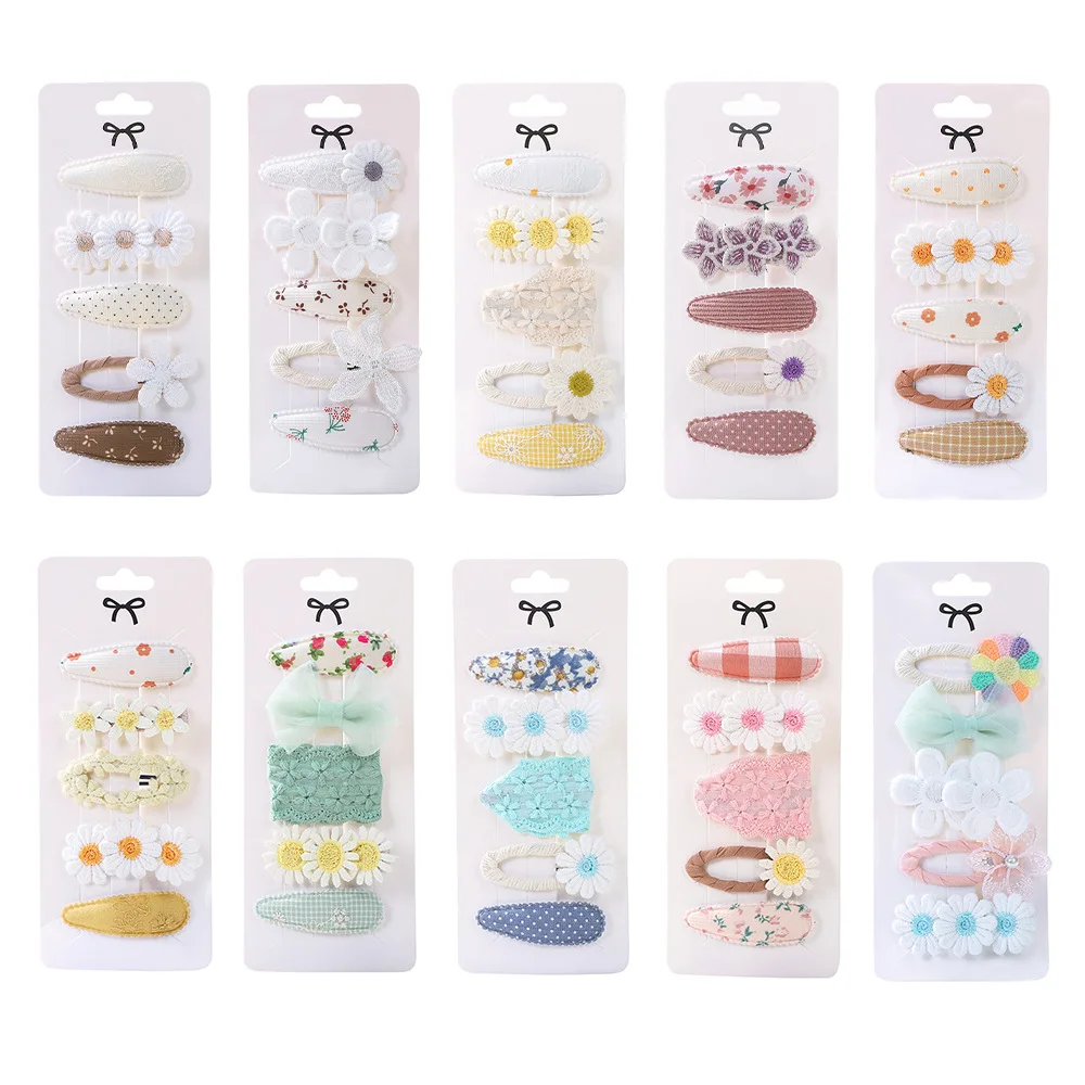 

5 шт./компл., детские заколки для волос с цветком, мини-шпилька с каплей воды, тканевая заколка с цветком солнца, BB, заколка для волос, весна-лето, милый головной убор