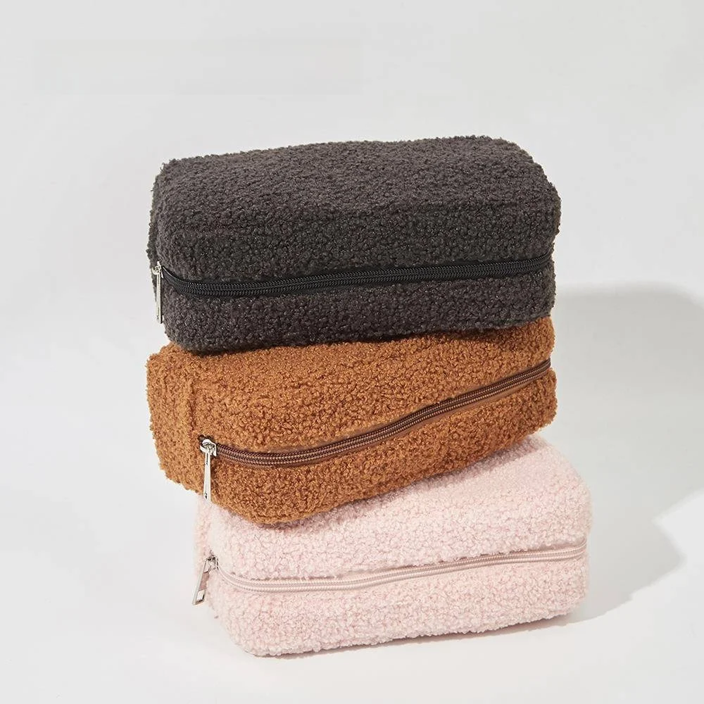 Fall Winter Pure Color Teddy Velvet Large Capacity Portable Makeup Bag Skin Care Products Storage Bag Simple Plush Cosmetic Bag
