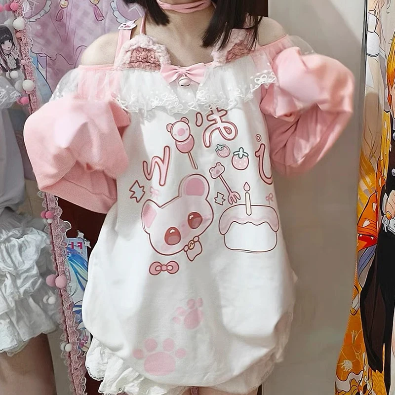 Odzież damska Kawaii arcane Anime koszulka z nadrukiem jesień nowa subkultura różowa koszulka z długimi rękawami moda Halter Design Sense