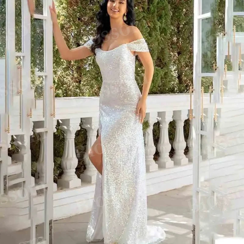 

Sexy off-the-shoulder evening gown with sequins high slit and shoulder cutaway ball formal