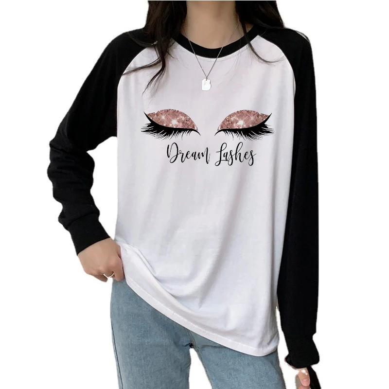 Langarm-T-Shirt für Damen mit Rundhalsausschnitt, Kleidung, weibliche T-Shirts, Tops, Wimpern und Traum, abstraktes Porträt, Grafikdruck-T-Shirt