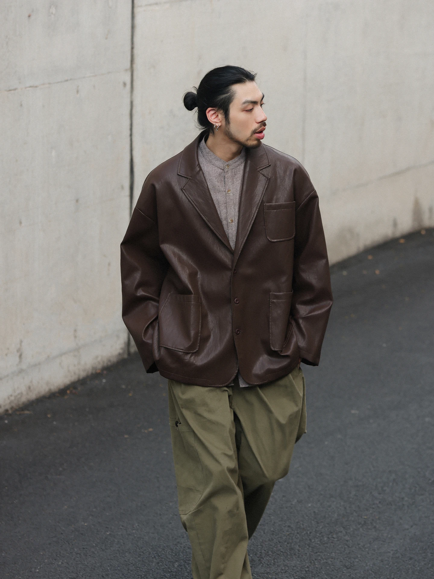 

Noears American Retro y Brown PU Loose Jaet Autumn Casual oulder Drop Outerwear Youth Faion Vintage Sle Button ...