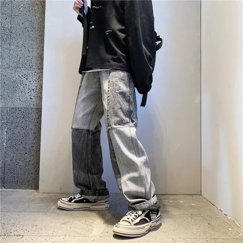 

Korean Style Fashion Men's Denim Wide-leg Pants 2023 New Autumn Loose Straight-leg Jeans Paneled Denim Trousers Male